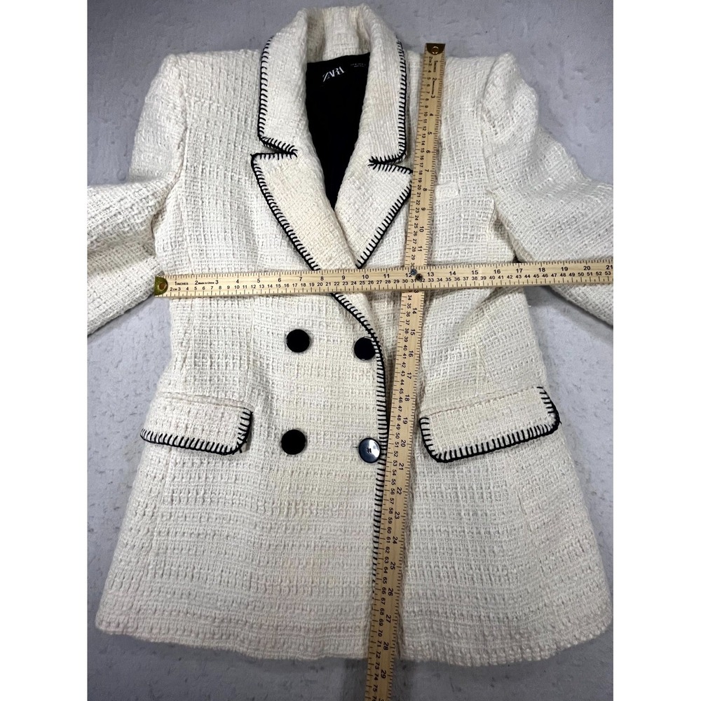 Zara Blazer Jacket Women Medium Cream Cotton Boucle Double Breasted Notch Lapel - Picture 8 of 10